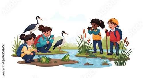 Diverse children explore wetlands with binoculars on World Wetlands Day, observing birds and nature in a fun educational setting