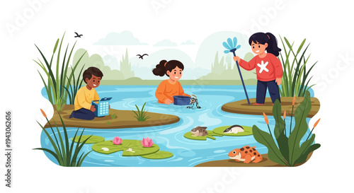 Illustration of diverse children exploring a serene wetland ecosystem with binoculars and learning tools on a sunny day