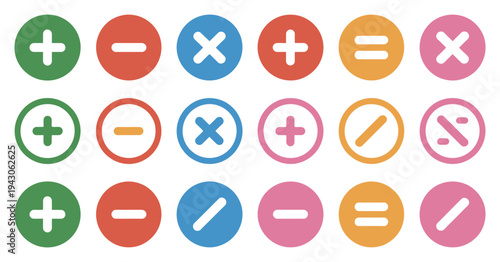 mathematics symbols, includes plus minus multiply divide equal and percentage icons in colorful circular and square styles perfect for education learning apps school materials math worksheets and 