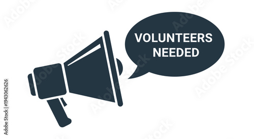 A dark blue megaphone graphic displays the text volunteers needed in a speech bubble