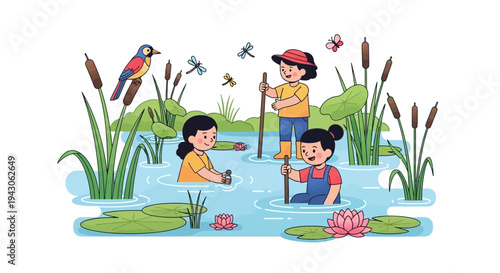 Illustration of diverse children exploring a wetland with binoculars and observing wildlife in a natural setting with educational and conservation themes