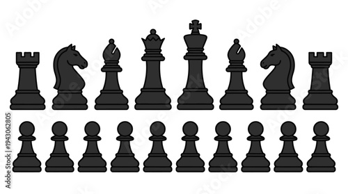 Vector chess pieces icons set king queen rook bishop knight pawn battle board arrangement silhouette design educational branding modular black white strategy illustration collection