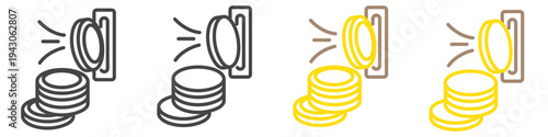 Set of coin icon with slot symbolizing payment for services. Represents coin or token payment, cash-operated systems, and self-service machines. Suitable for vending, parking, laundry, arcade, etc.
