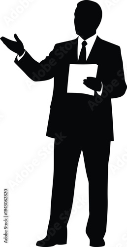 Black silhouette of a man in a business suit holding a paper and gesturing