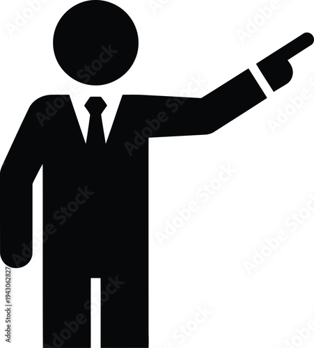 Black silhouette of a man in a suit pointing right