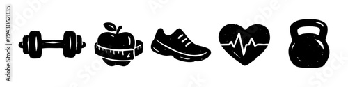 A set of hand-drawn fitness and health icons featuring a dumbbell, apple with measuring tape, running shoe, heart with pulse, and kettlebell. Perfect for gym, diet, and wellness branding.