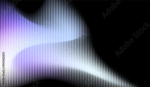 Glass texture with dark gradient background and vivid white and lilac light streaks. ripple pattern, Futuristic distortion, abstract glow, reeded vertical blur Vector illustration