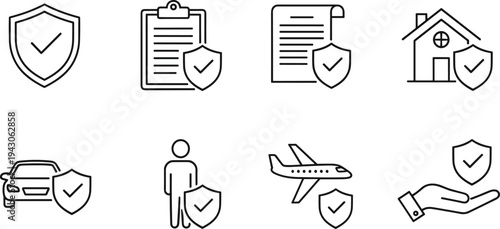 Set of insurance line icons for car home life health and travel protection with shield and checkmark symbols for security