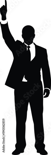 Black silhouette of a man in a suit pointing upwards