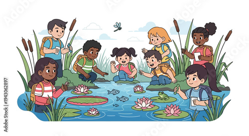 Diverse children explore a serene wetland ecosystem with binoculars, observing wildlife and nature in a fun educational setting