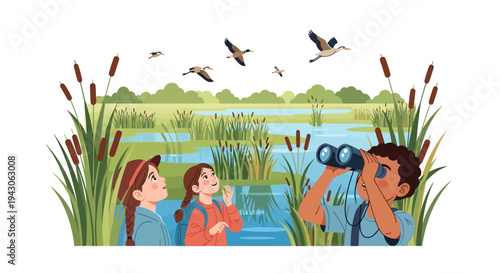Diverse children explore wetlands with binoculars, observing birds and nature in a serene outdoor setting