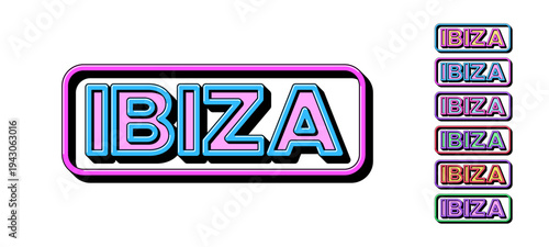 Ibiza island in Mediterranean Sea, framed text icon set. Text Ibiza in 3D style, tourist island of Spain. Isolated word Ibiza with isometric letters for graphic design in pop art style, vector set