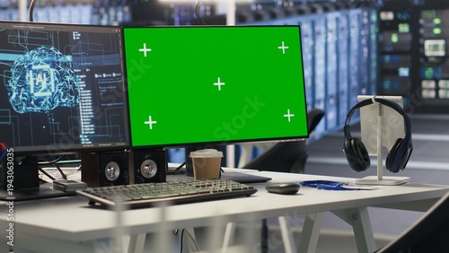 Wallpaper Mural Green screen desktop PC set up in data center overseeing server infrastructure powering artificial intelligence workflows. Chroma key displays used for monitoring backend systems Torontodigital.ca