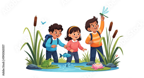 Illustration of diverse children exploring a wetland with binoculars and observing wildlife on World Wetlands Day in a fun educational setting