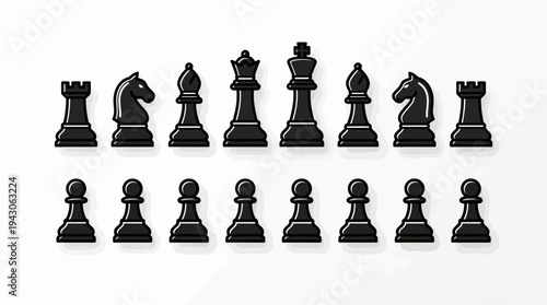 Vector chess pieces icons set king queen rook bishop knight pawn battle board arrangement silhouette design educational branding modular black white strategy illustration collection