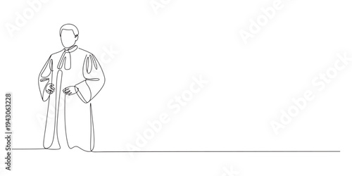 continuous line drawing of judge. single line drawing of judge standing with carrying law book.one line vector illustration. isolated white background. Man wearing toga in One continuous line drawing 