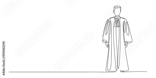 continuous line drawing of judge. single line drawing of judge standing with carrying law book.one line vector illustration. isolated white background. Man wearing toga in One continuous line drawing 