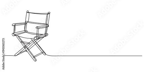 Continuous one line drawing of a cinema director chair. Vintage director chair isolated on a white background. Vector illustration. Line art of director's chair with motion lines for film themes.