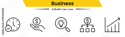 Business icons depicting strategy, management, teamwork, meetings, planning, charts, reports, growth, goals, productivity, leadership, collaboration, finance, and organization.