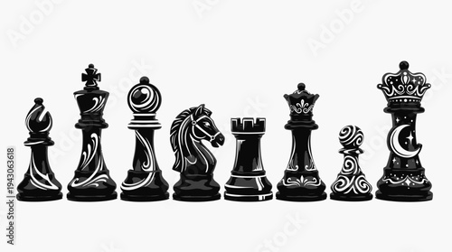 Vector chess pieces icons set king queen rook bishop knight pawn battle board arrangement silhouette design educational branding modular black white strategy illustration collection