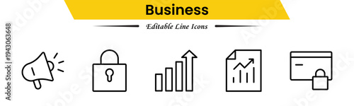 Business icons depicting strategy, management, teamwork, meetings, planning, charts, reports, growth, goals, productivity, leadership, collaboration, finance, and organization.