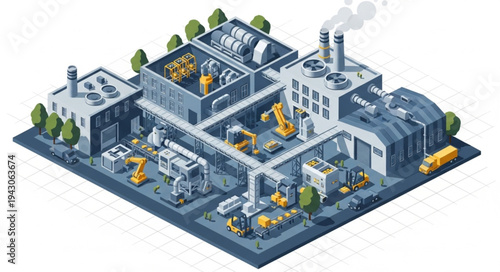 Isometric Factory Building with Industrial Machinery.