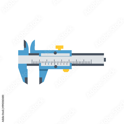 Vernier caliper measurement tool, blue and yellow, on white background, precision instrument