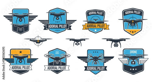 Collection of drone pilot emblems and badges with aviation themes.