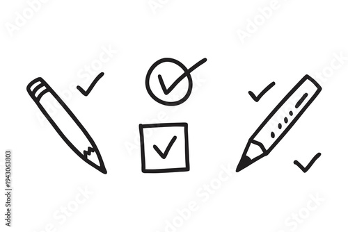 A minimalist vector graphic of checkmarks and pencils for task management and to-do lists