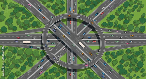 Aerial View of a Complex Highway Interchange with Traffic.