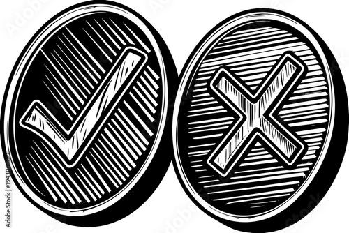 A vector graphic illustration of a checkmark and an X in circular icons