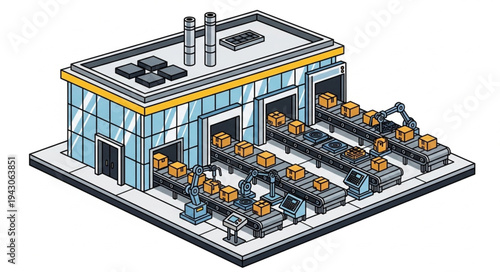 Isometric Factory Building with Machinery.