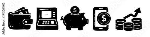 Set of hand-drawn financial icons featuring a wallet, ATM, piggy bank, mobile banking, and profit growth chart. Minimalist black and white doodle style perfect for business and banking concepts.