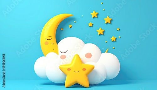 Cute cartoon moon and stars sleeping peacefully on fluffy clouds for childrens dreams.