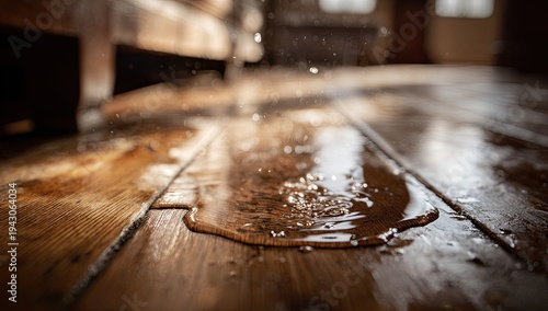 Close-up of spilled liquid and small particles on a wooden floor.