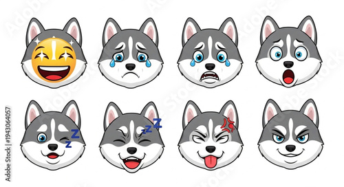 Collection of Husky Dog Emoticons Expressing Various Emotions.