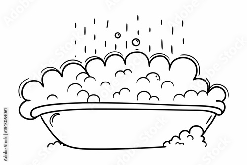 A minimalist line art illustration of a bathtub filled with bubbles and water