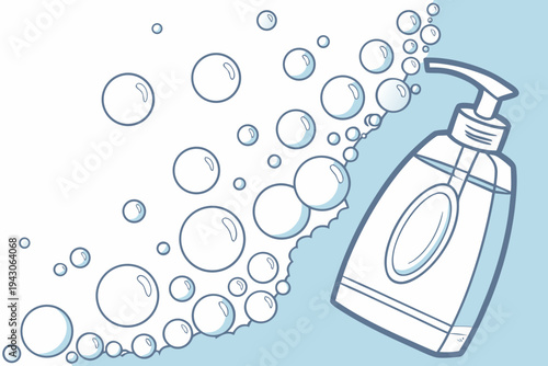 A vector graphic illustration of a hand soap dispenser with bubbles