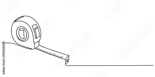 Measuring tape  in one continuous line drawing. Symbolizing industrial tools and craftsmanship, Tape measure in line art drawing style. Flexible ruler black line sketch on white background.