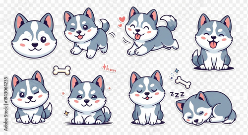 Cute Husky Puppy Cartoon Character Set with Various Poses and Expressions.