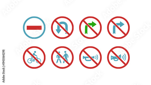 Set of red prohibition signs showing restricted actions such as no photography, no phone, and other warning symbols.