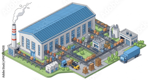 Isometric Factory Building with Workers.