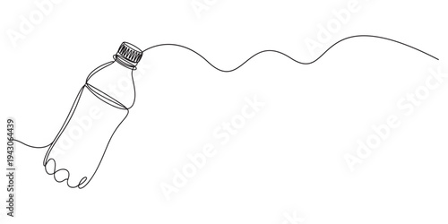 Continuous one line drawing of water drink bottle. Sports water bottle single line vector illustration Continuous line drawing of a plastic water bottle filled with liquid, isolated on white backgroud