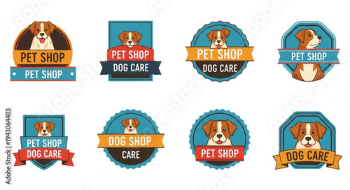 Collection of dog care and pet shop logo designs with various styles.