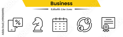 Business icons depicting strategy, management, teamwork, meetings, planning, charts, reports, growth, goals, productivity, leadership, collaboration, finance, and organization.