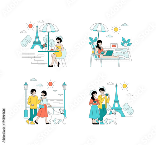 Parisian Outdoor Activities and Relaxation Vector Illustration