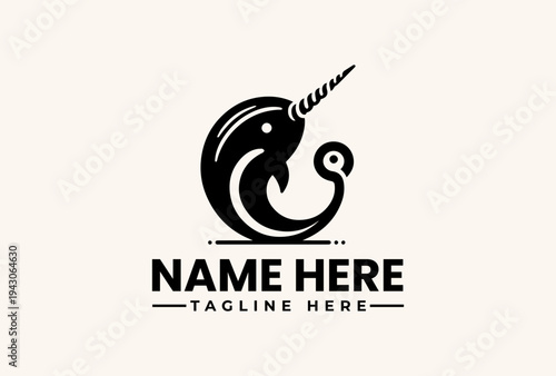 Schilderij op canvas A black and white illustration of a stylized narwhal logo with a placeholder text 'NAME HERE' and 'TAGLINE HERE' on a plain beige background