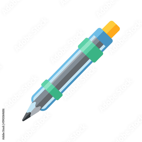 Colorful pencil with green and blue bands, yellow eraser on white background