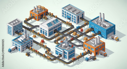 Isometric Factory Buildings and Machinery.