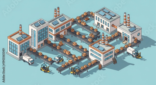 Isometric Factory Buildings and Vehicles.